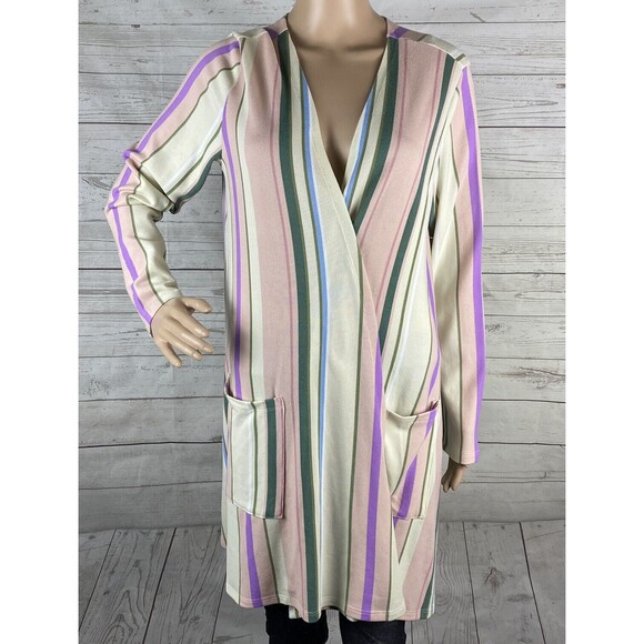 LuLaRoe Simply Comfortable Jacket Large Pastel Pink Ivory Green Blue Striped - Picture 1 of 12
